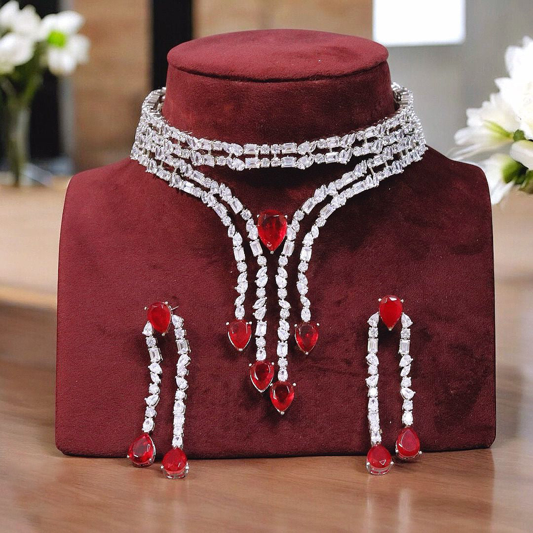 Silver Tone CZ Stone Work Bridal Necklace Set For Women - Libasaa.com