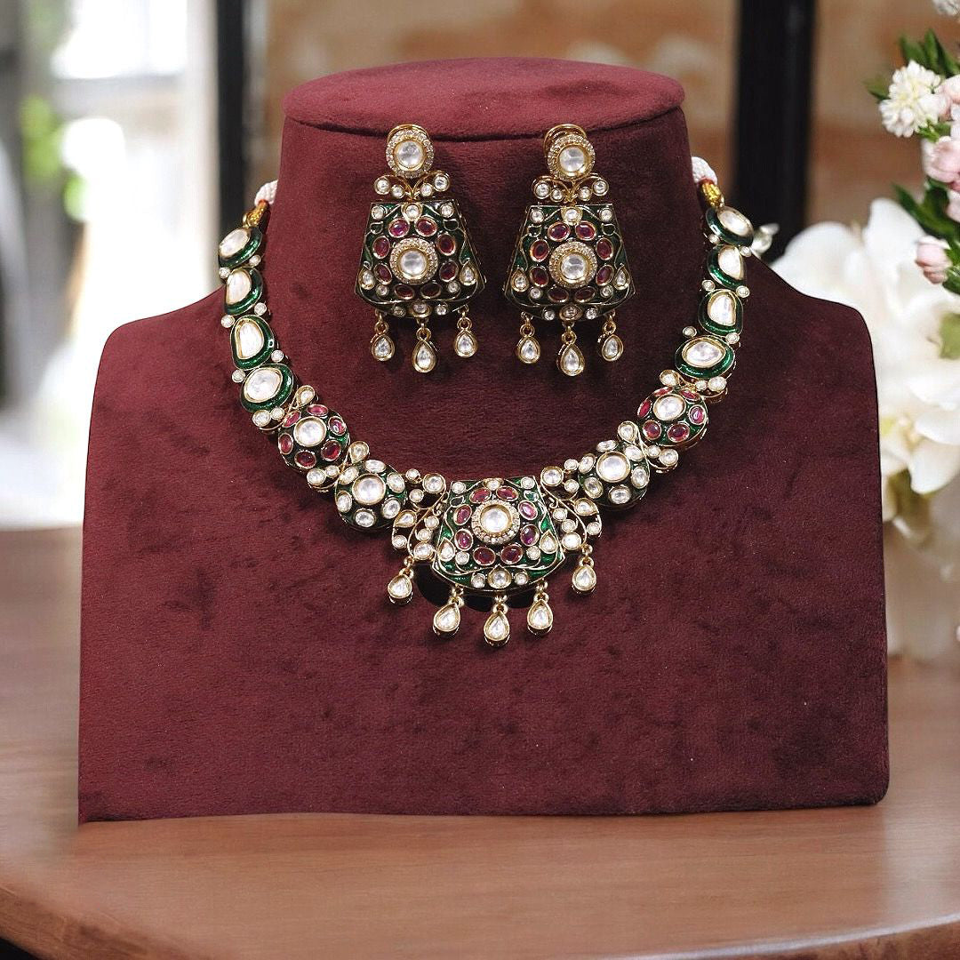 Indian Royal Traditional Polki Necklace Earrings Set Women - Libasaa.com