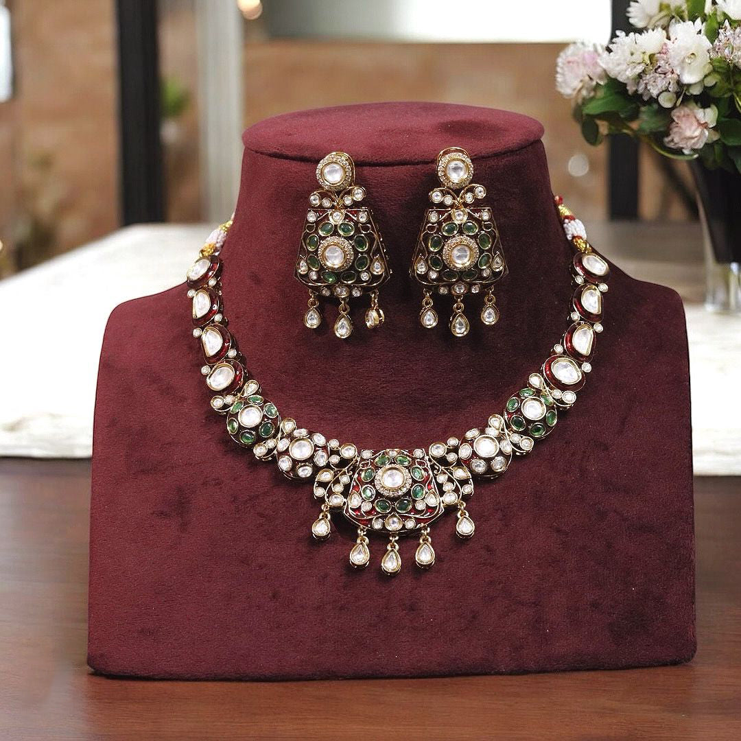 Indian Royal Traditional Polki Necklace Earrings Set Women - Libasaa.com