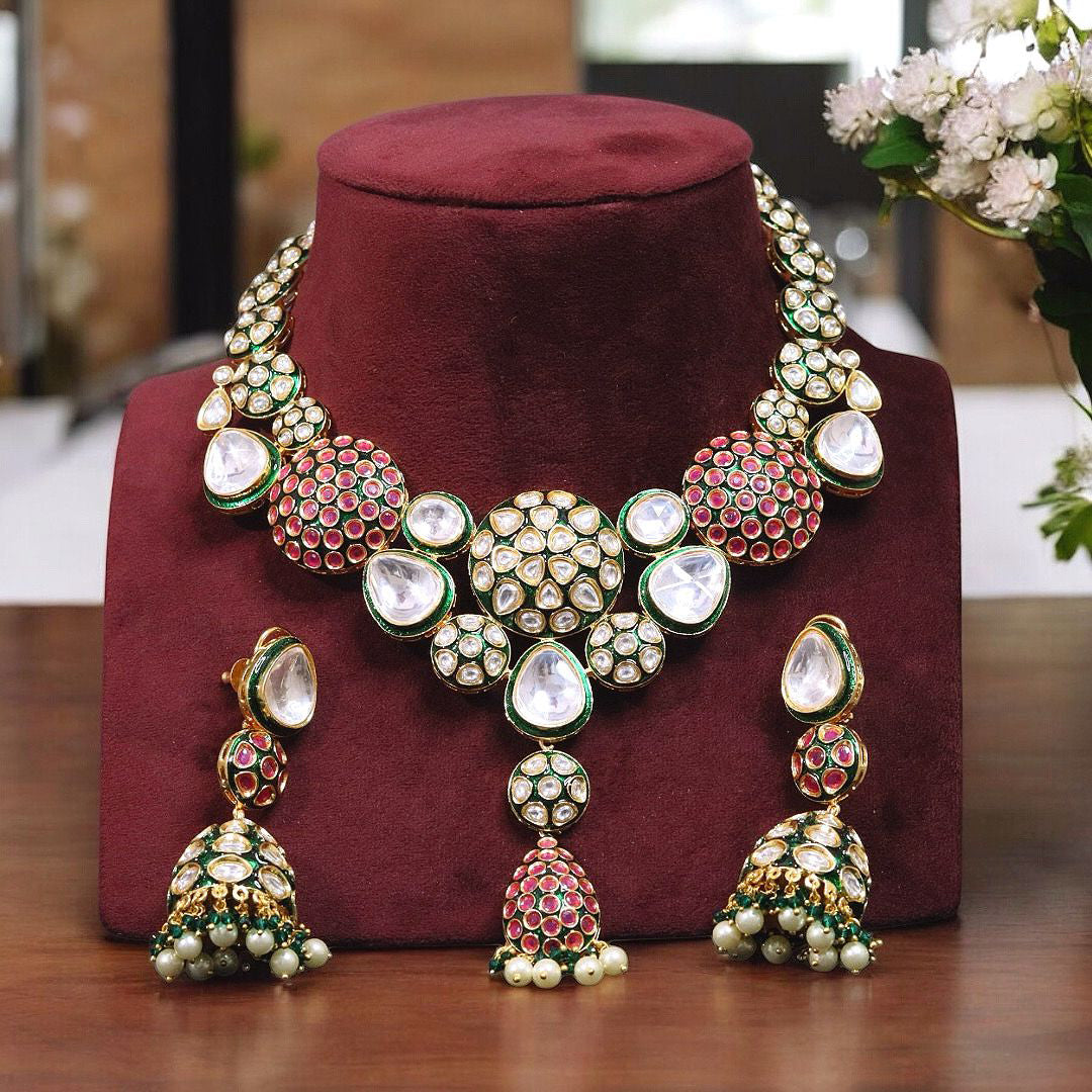 Crafted Drop Round Shaped Wedding Choker Jhumki Set For Women - Libasaa.com