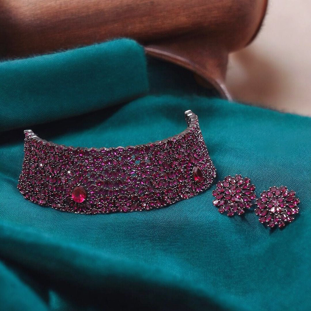 Stud Style Indian Wedding Choker Flower Earrings Set For Women - Libasaa.com