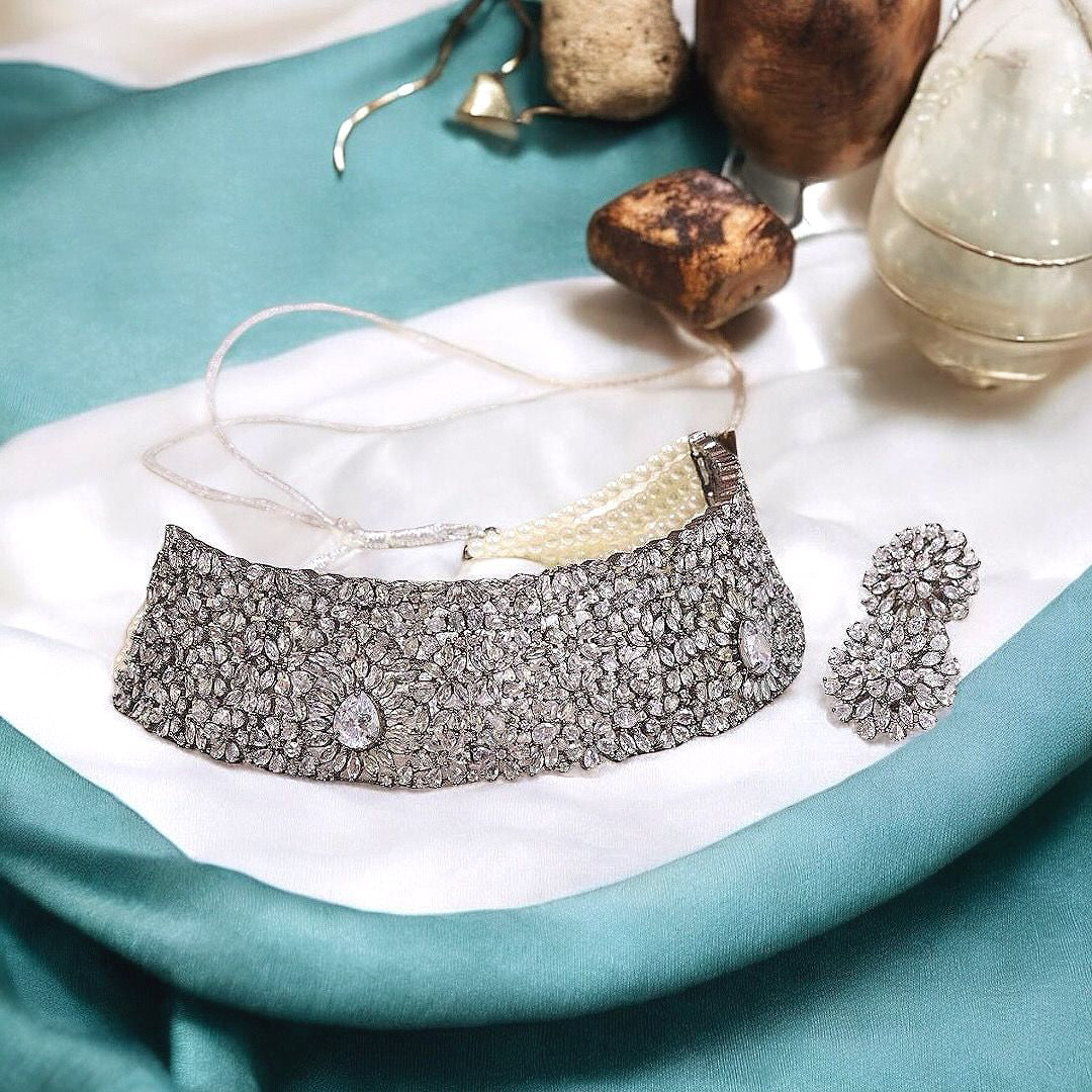 Alia Bhatt Inspired Silver Choker Floral Earrings Set - Libasaa.com