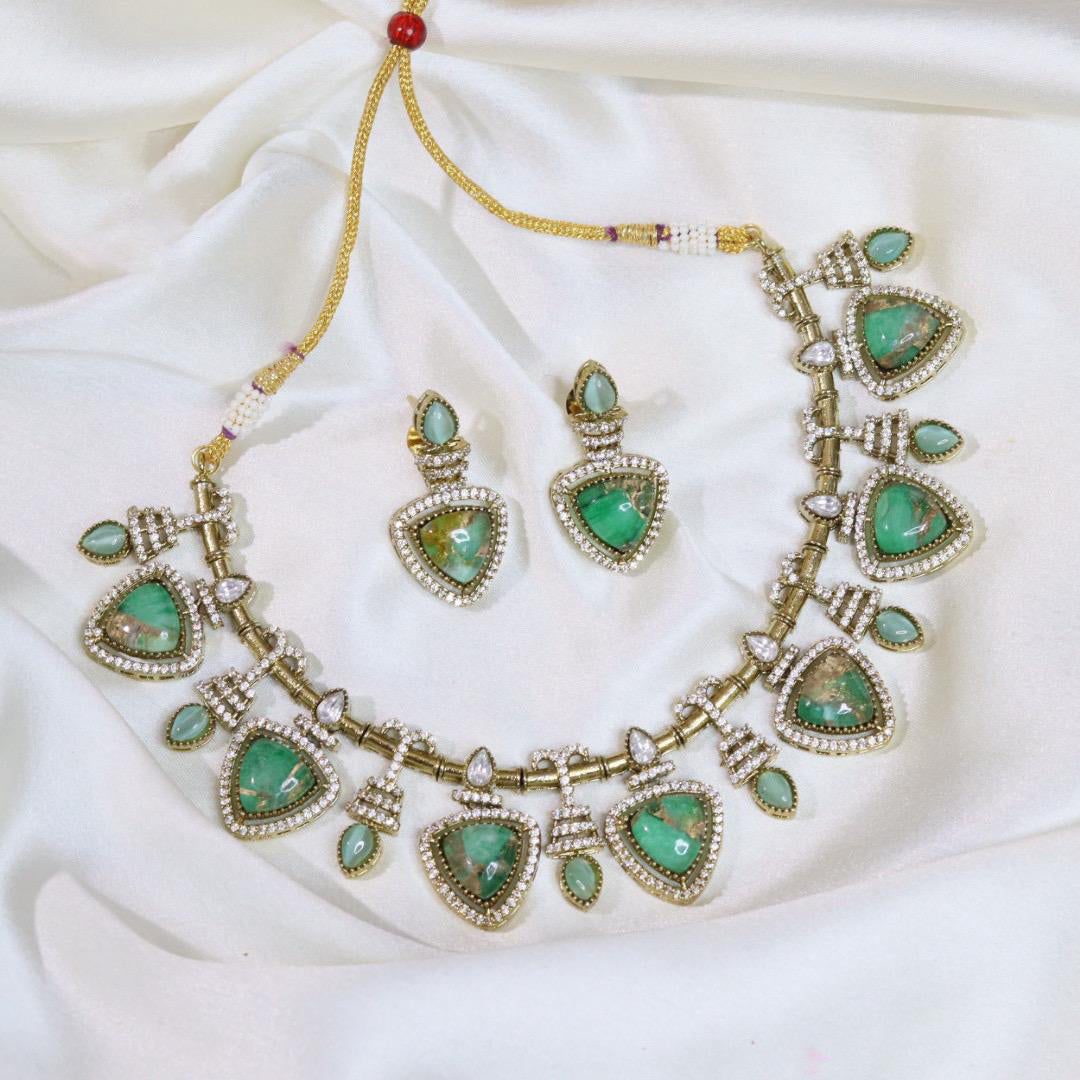 Pakistani Gold Tone American Diamond Choker Earrings Set For Wedding - Libasaa.com