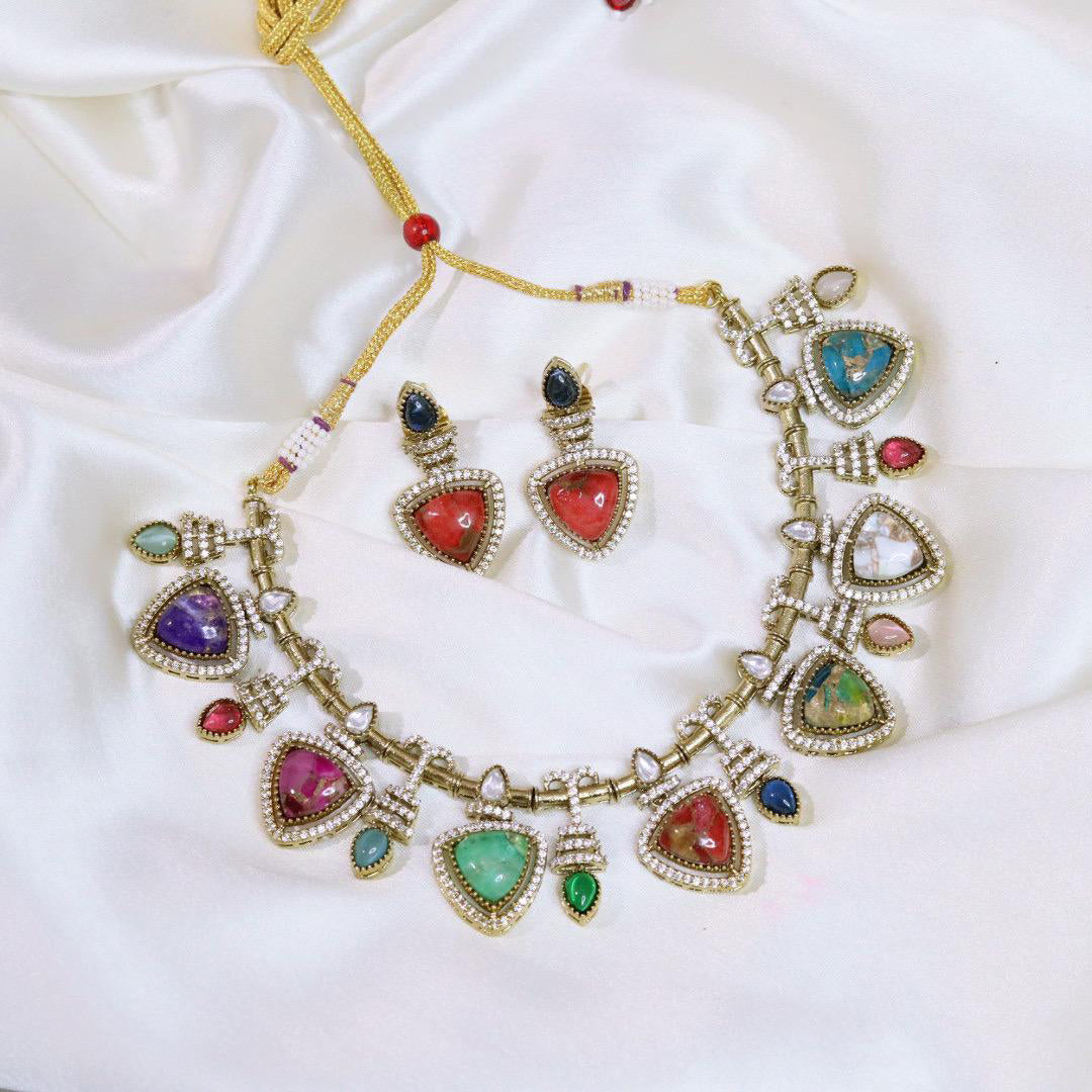 Pakistani Gold Tone American Diamond Choker Earrings Set For Wedding - Libasaa.com