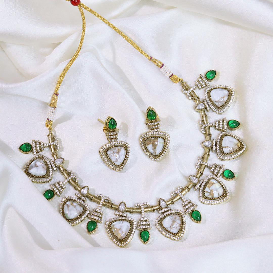 Pakistani Gold Tone American Diamond Choker Earrings Set For Wedding - Libasaa.com