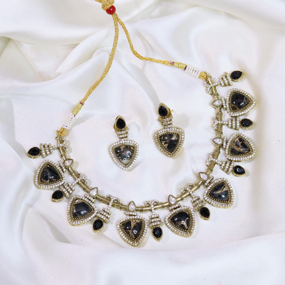 Pakistani Gold Tone American Diamond Choker Earrings Set For Wedding - Libasaa.com