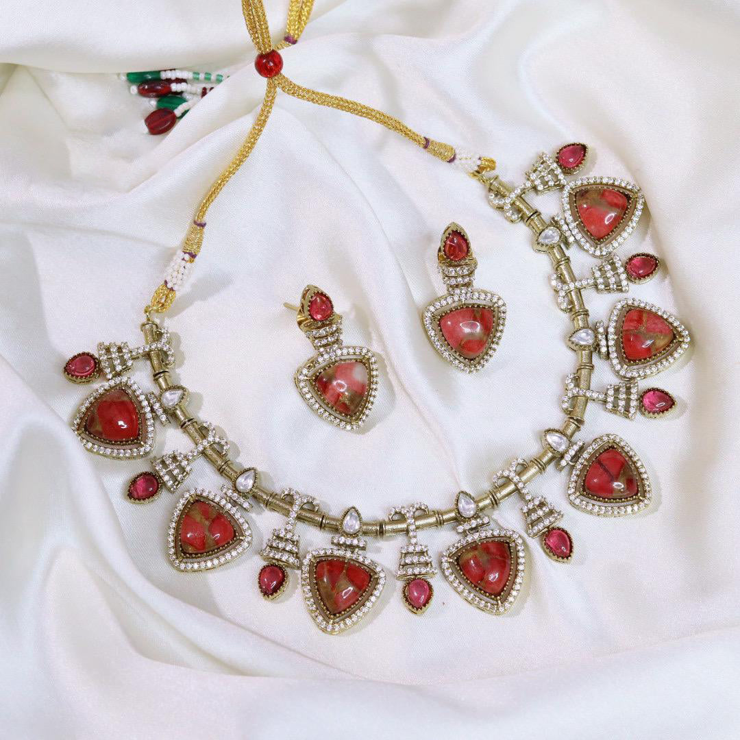 Pakistani Gold Tone American Diamond Choker Earrings Set For Wedding - Libasaa.com