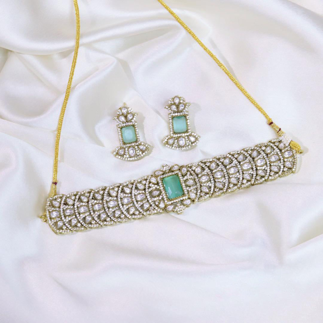 Floral Design AD Choker Earrings Indian Jewelry Set For Women - Libasaa.com