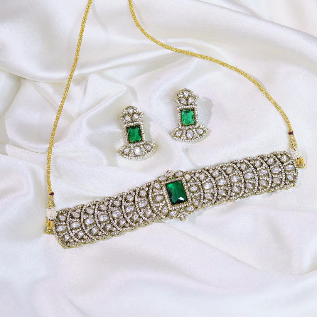 Floral Design AD Choker Earrings Indian Jewelry Set For Women - Libasaa.com