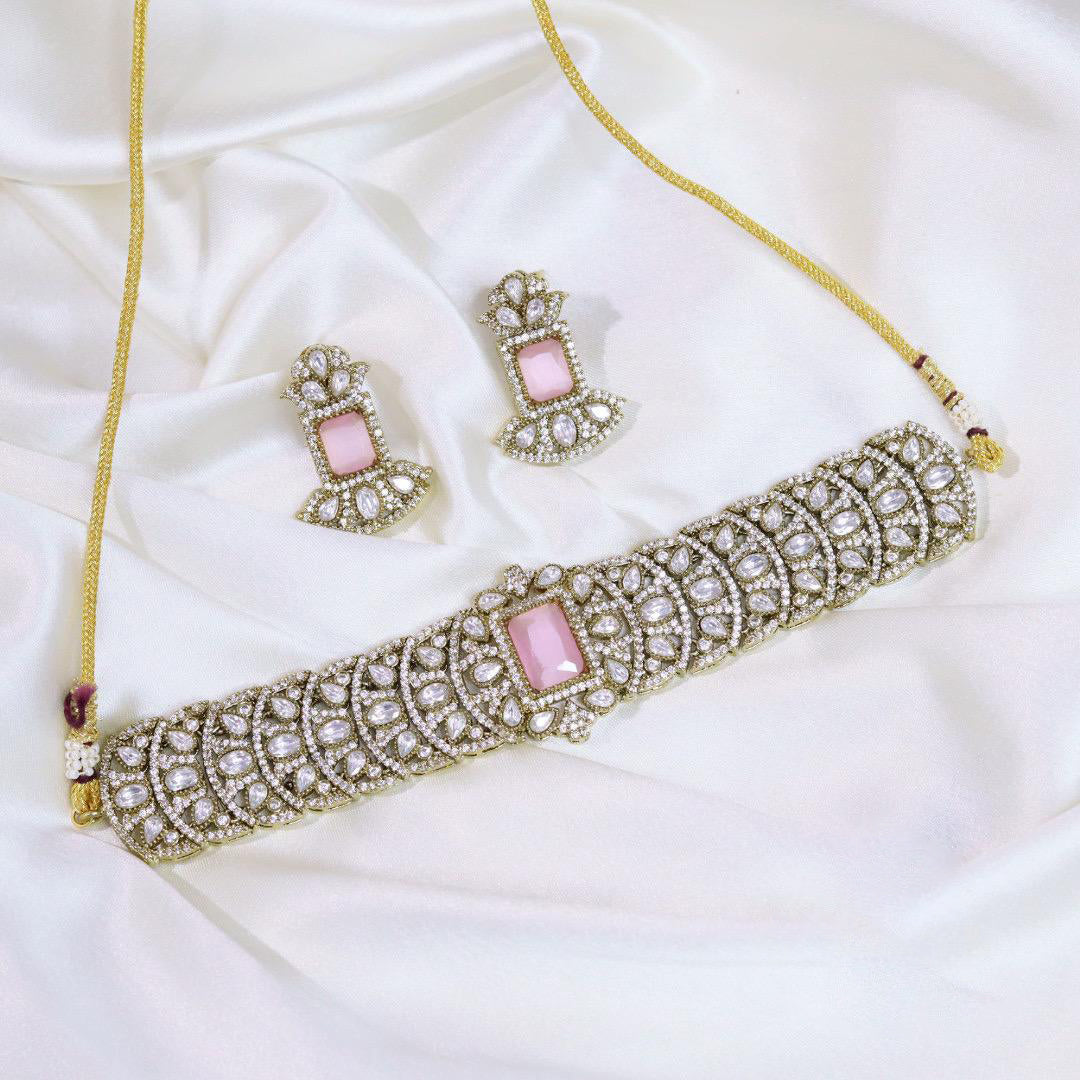 Floral Design AD Choker Earrings Indian Jewelry Set For Women - Libasaa.com