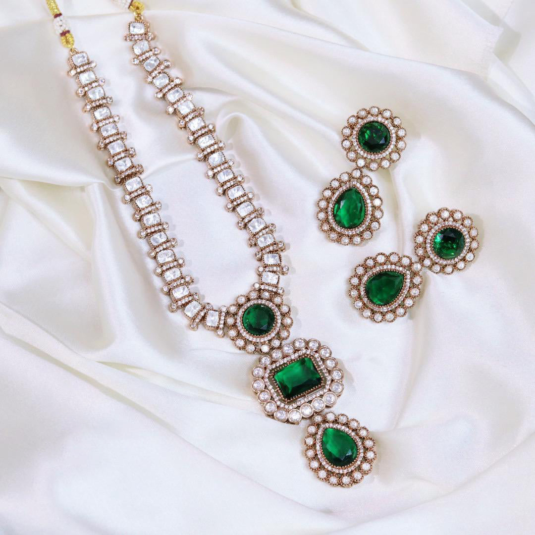 Punjabi CZ Silver Tone Necklace Matching Earrings Set For Wedding - Libasaa.com