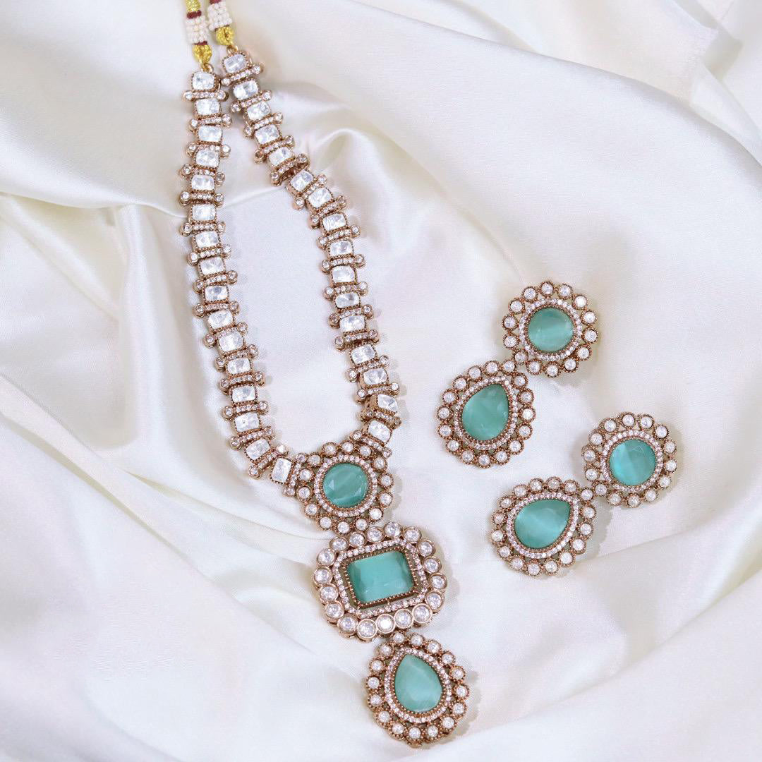 Punjabi CZ Silver Tone Necklace Matching Earrings Set For Wedding - Libasaa.com