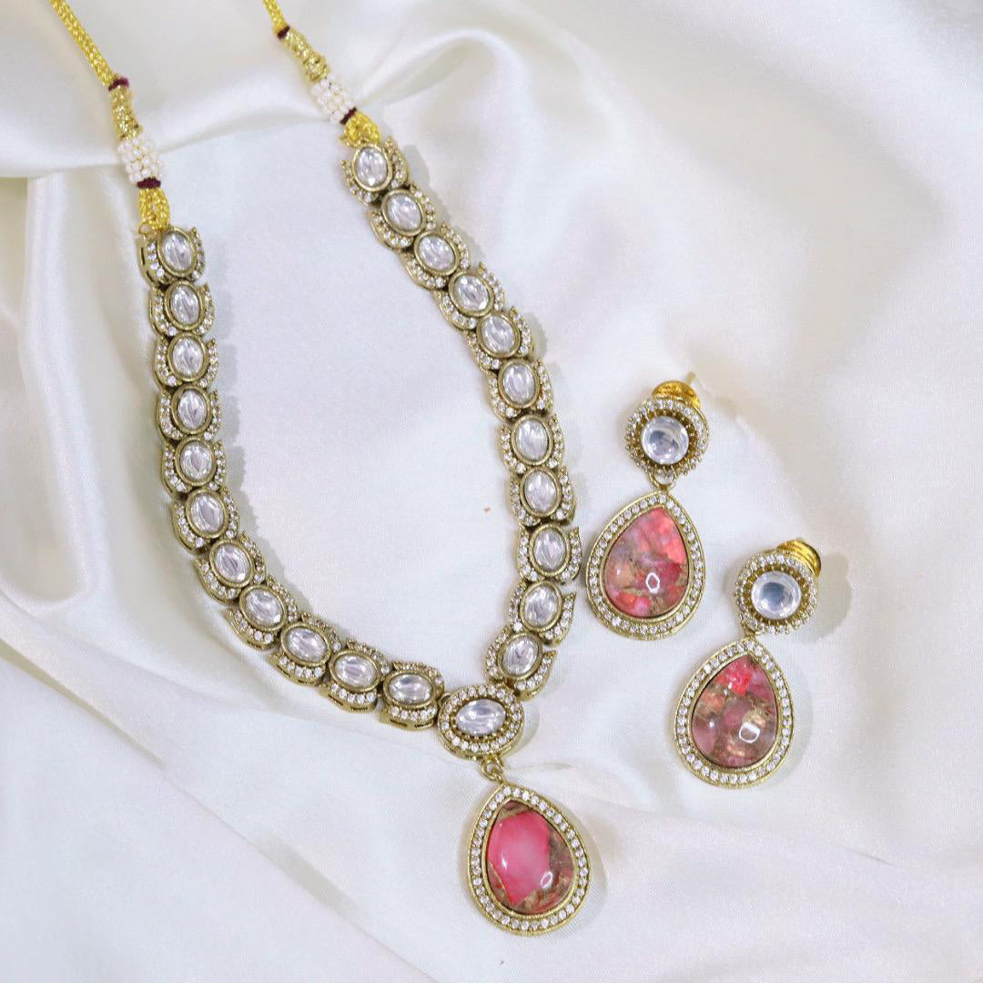 Festive Teardrop Necklace Earrings Pakistani Jewelry Set For Women - Libasaa.com