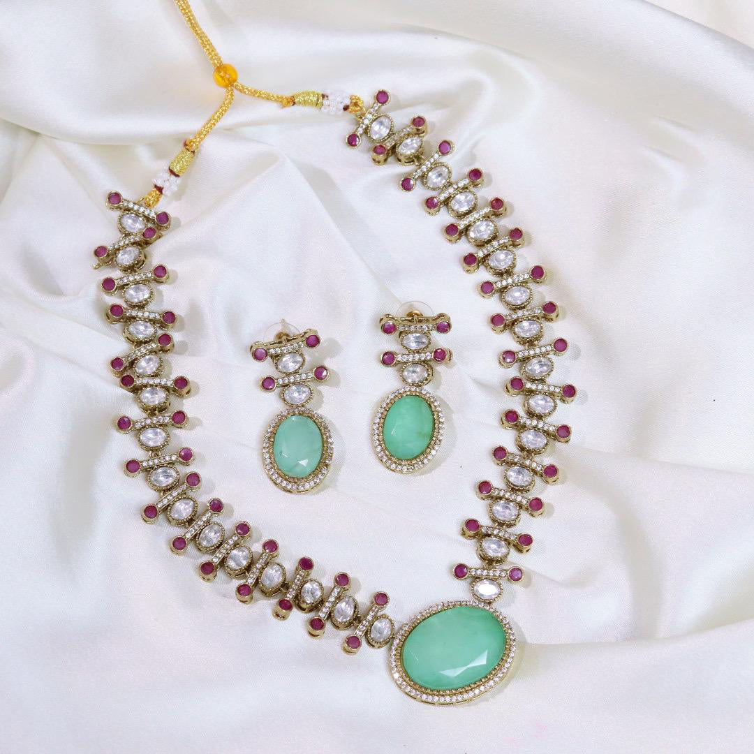 Rajsthani Pale Green Traditional AD Necklace Earrings Set For Women - Libasaa.com
