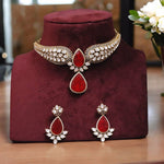 Jaipuri Teardrop Moissanite Kundan Necklace Earrings Set For Wedding - Libasaa.com