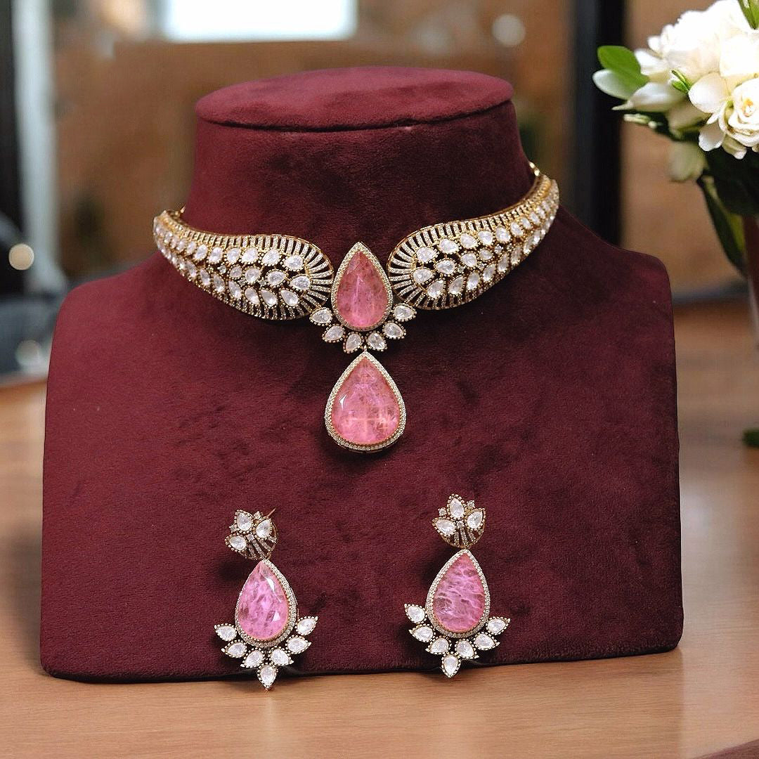 Jaipuri Teardrop Moissanite Kundan Necklace Earrings Set For Wedding - Libasaa.com