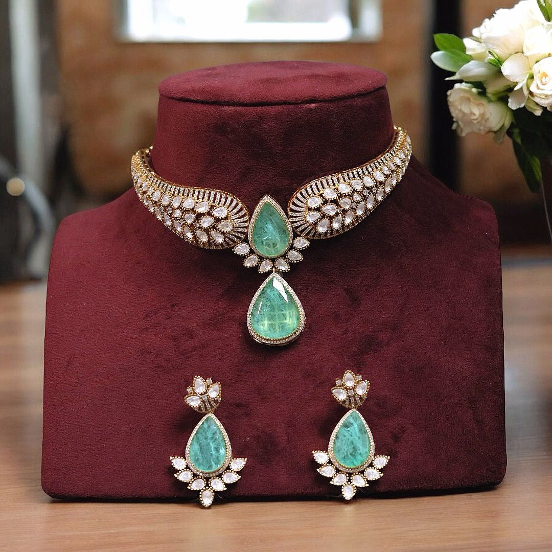 Jaipuri Teardrop Moissanite Kundan Necklace Earrings Set For Wedding - Libasaa.com