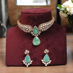 Jaipuri Teardrop Moissanite Kundan Necklace Earrings Set For Wedding - Libasaa.com