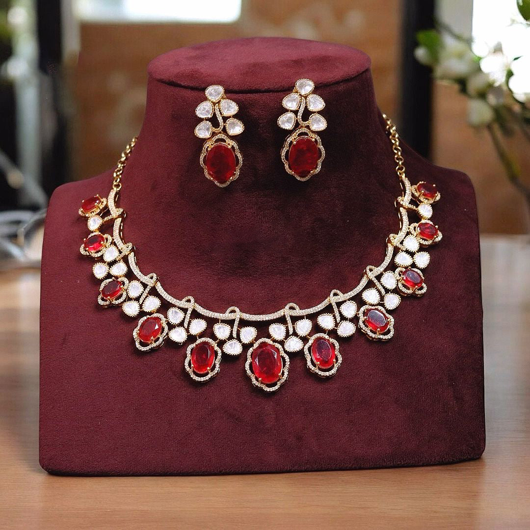 Pakistani Flower Design Polki Choker Kundan Earrings Set For Wedding - Libasaa.com