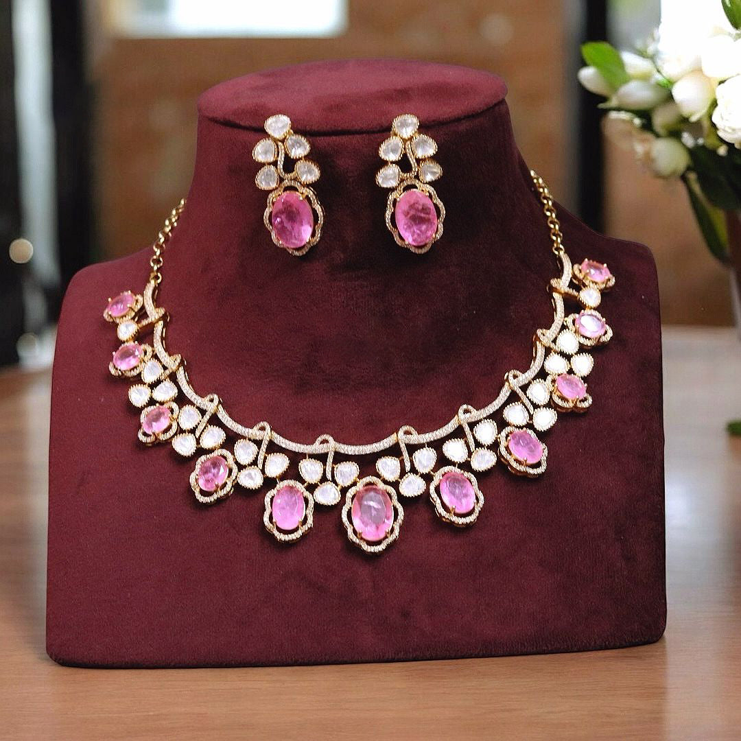 Pakistani Flower Design Polki Choker Kundan Earrings Set For Wedding - Libasaa.com