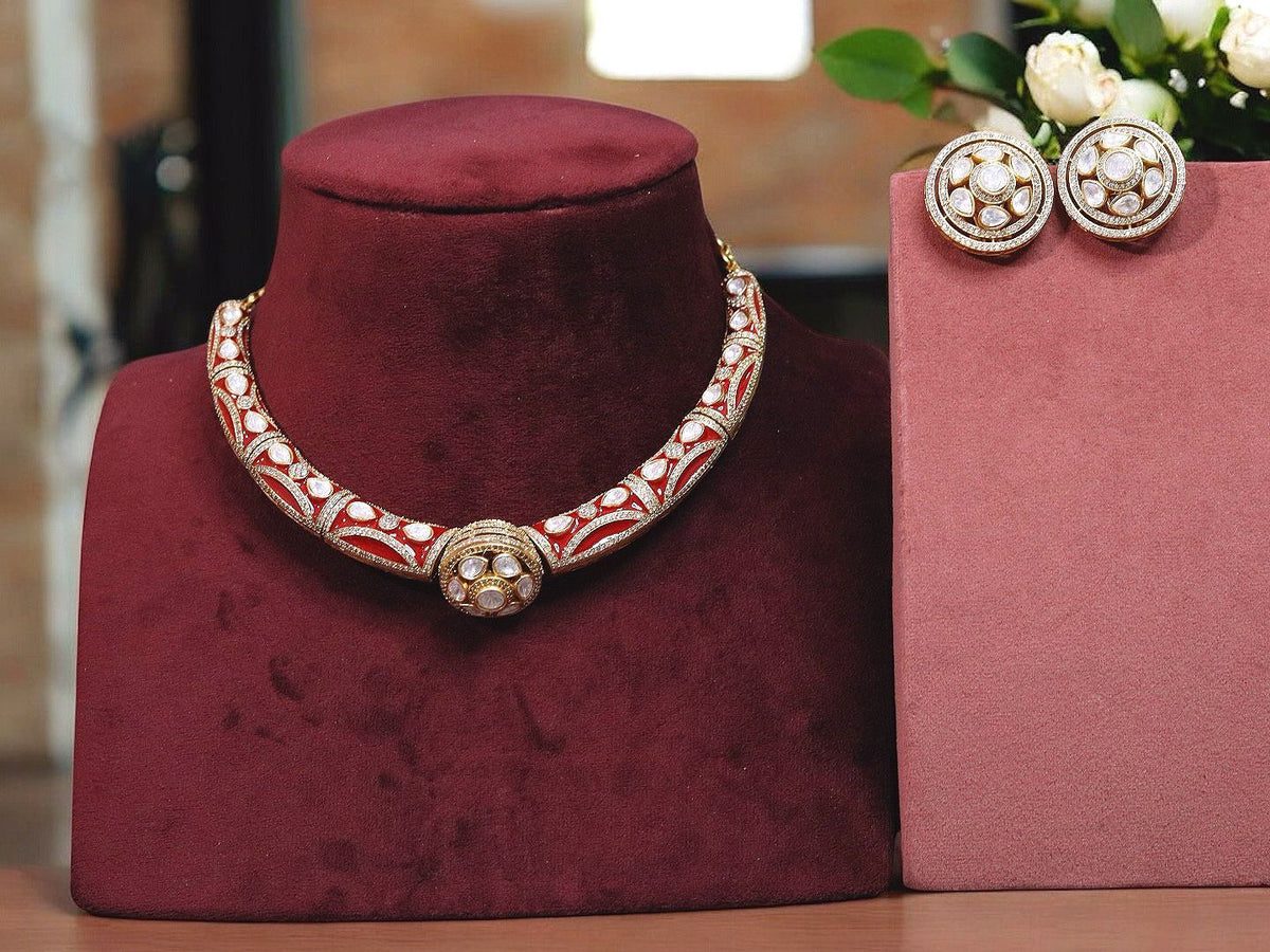 Indian Rajwadi Traditional Choker Earrings Kundan Jewelry For Women - Libasaa.com