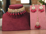 Gold Plated Floral Polki Choker Kundan Earrings Maangtikka Set For Women - Libasaa.com