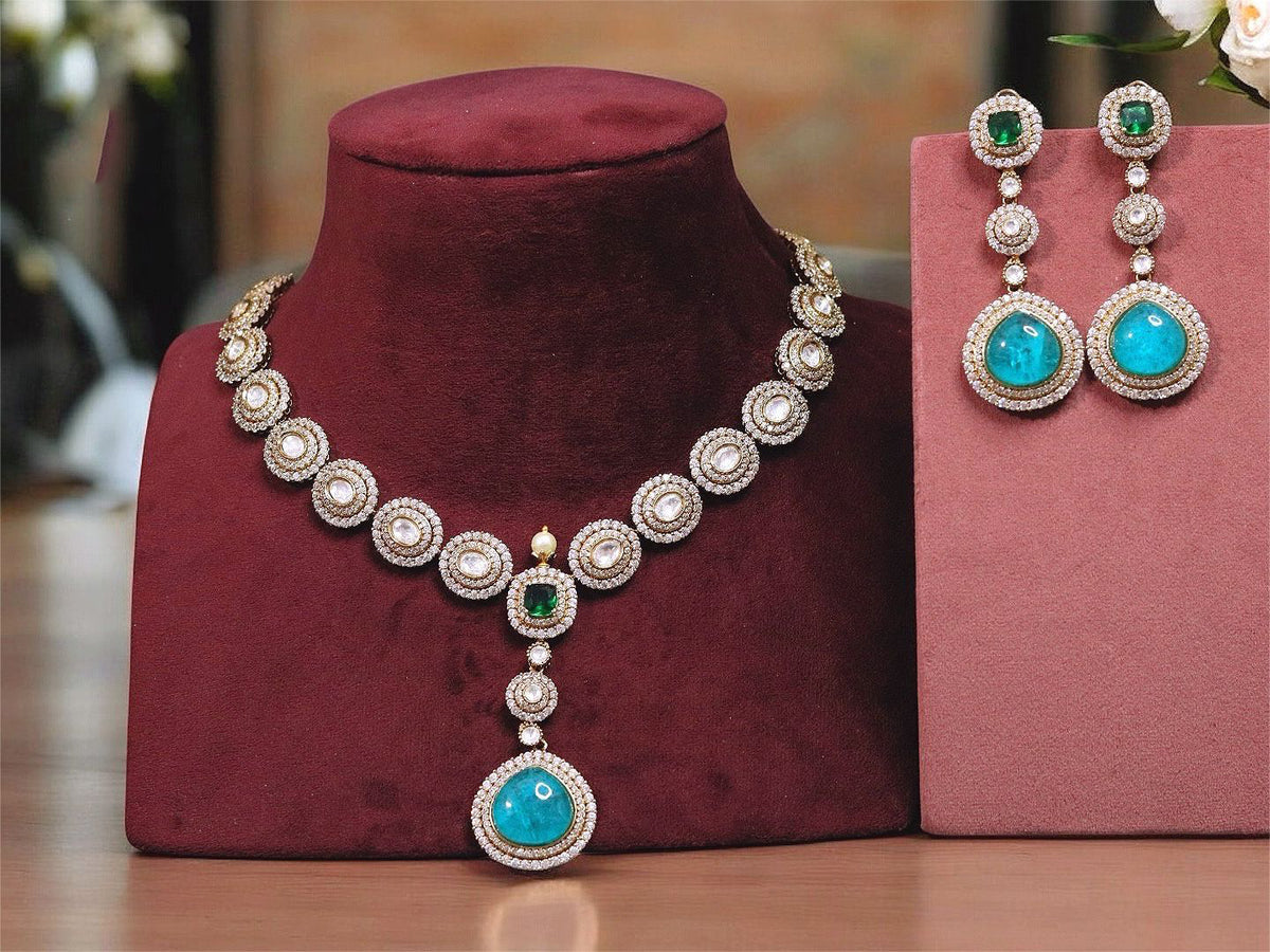 Wedding Silver Plated Polki Necklace Earrings Indian Jewelry - Libasaa.com