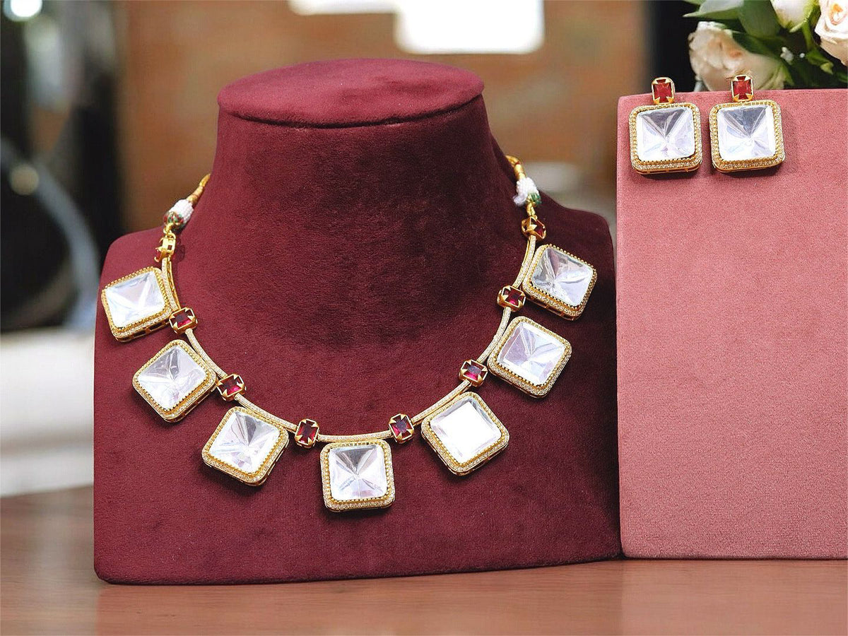 Square Polki Gold Plated Choker Earrings Set For Wedding - Libasaa.com