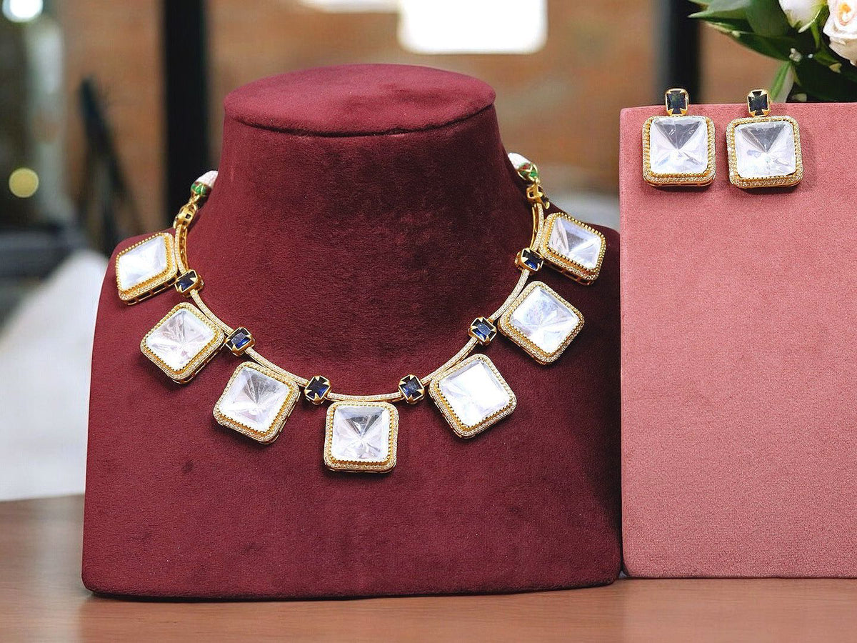 Square Polki Gold Plated Choker Earrings Set For Wedding - Libasaa.com