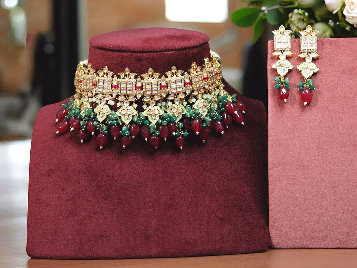 Red Ethnic Indian Polki Choker Earrings Set For Wedding - Libasaa.com