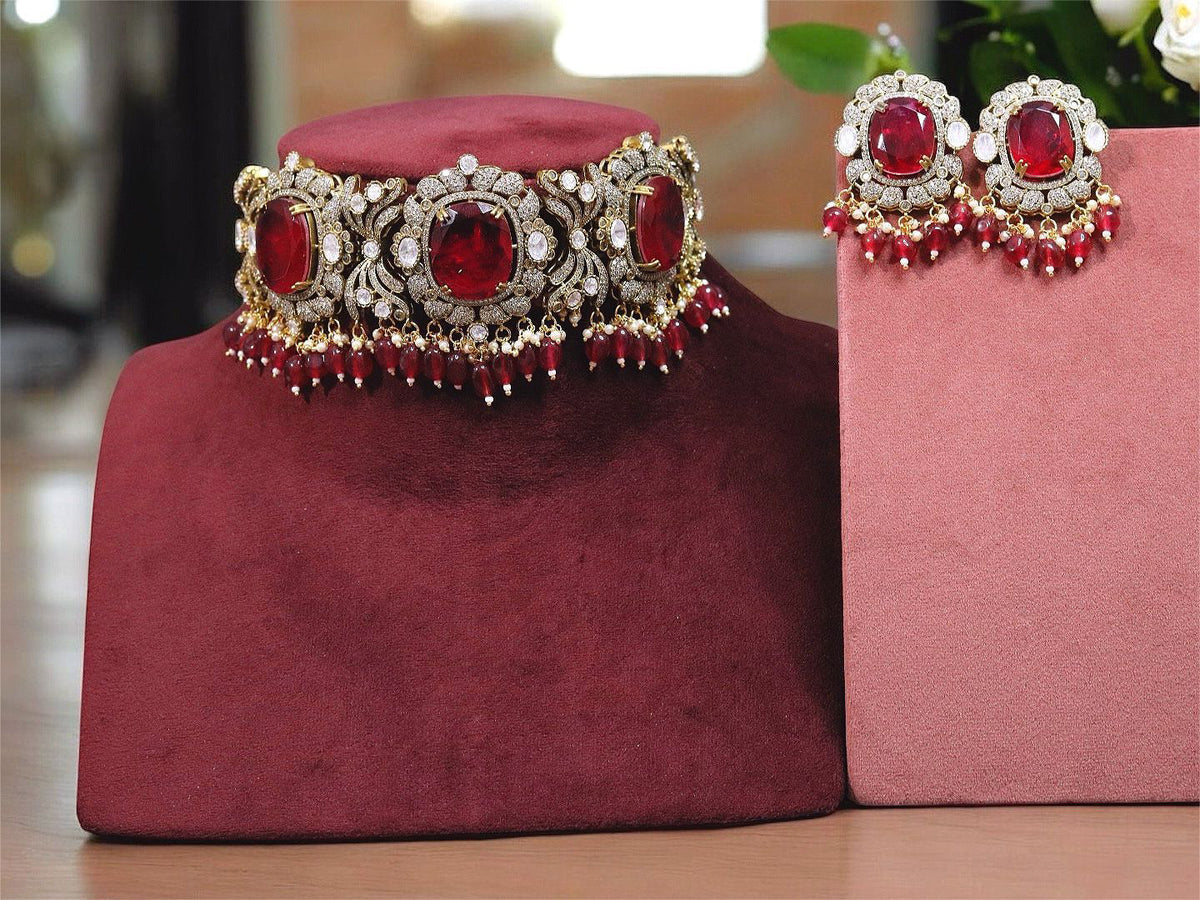 Pakistani Red Polki Choker Earrings Jewelry For Women - Libasaa.com
