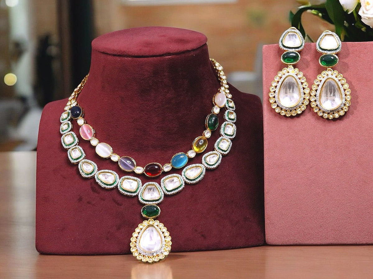 Double Layer Multicolor Polki Kundan Necklace Indian Jewelry Set - Libasaa.com