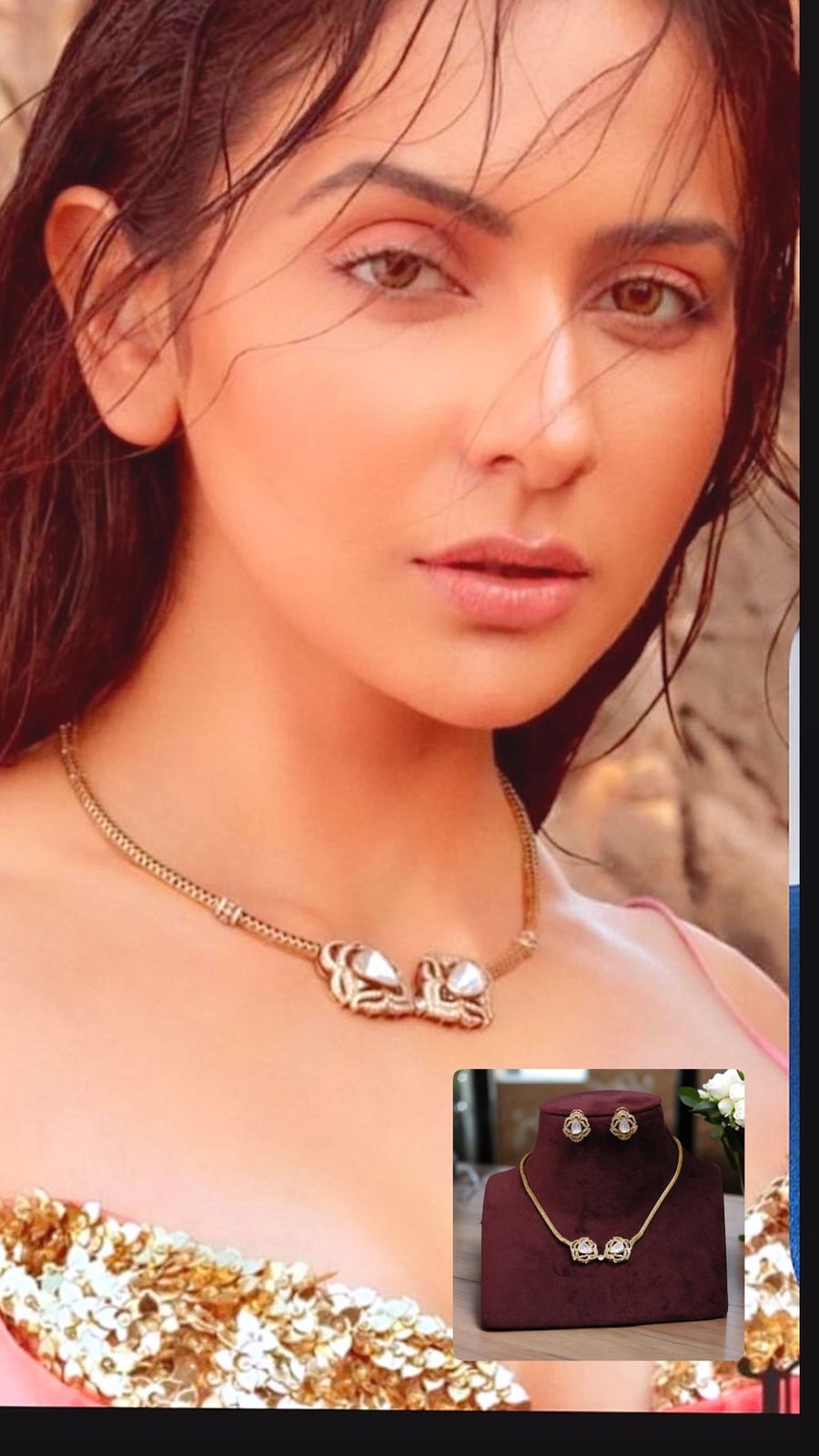 Rakul Preet Kaur Inspired AD Necklace Earrings Set For Wedding - Libasaa.com