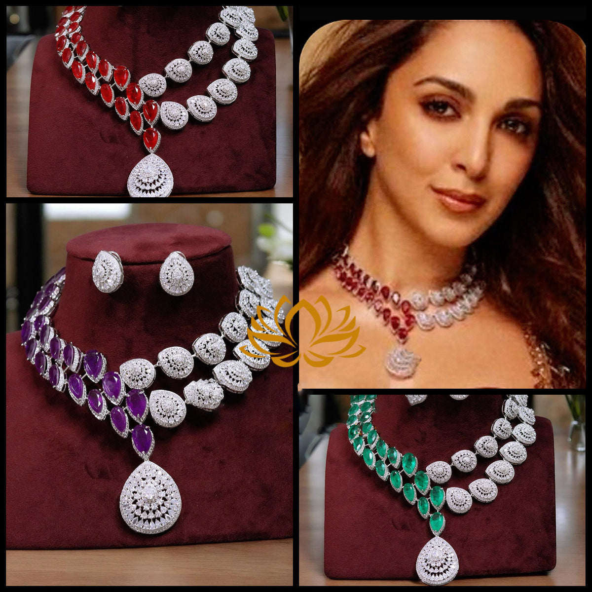 Silver Tone Teardrop Polki Necklace Earrings Indian Jewelry Set - Libasaa.com