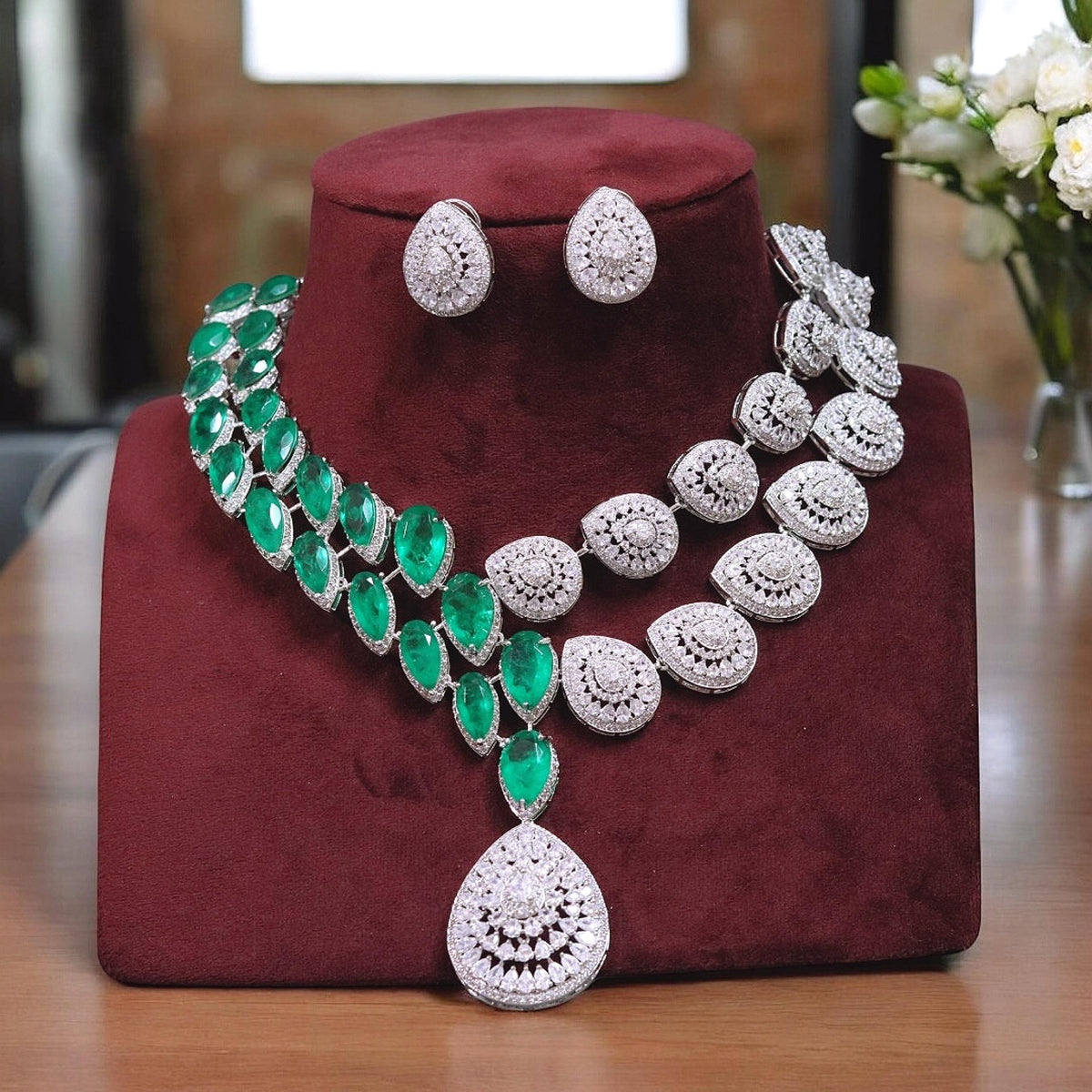 Silver Tone Teardrop Polki Necklace Earrings Indian Jewelry Set - Libasaa.com