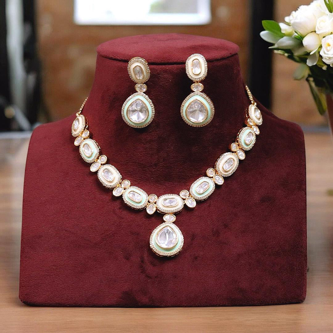 Gold Plated Silver Pale Green Kundan Choker Earrings Set | Kundan Jewelry | Indian Jewelry | Pakistani Necklace Set | Traditional Jewelry - Libasaa.com