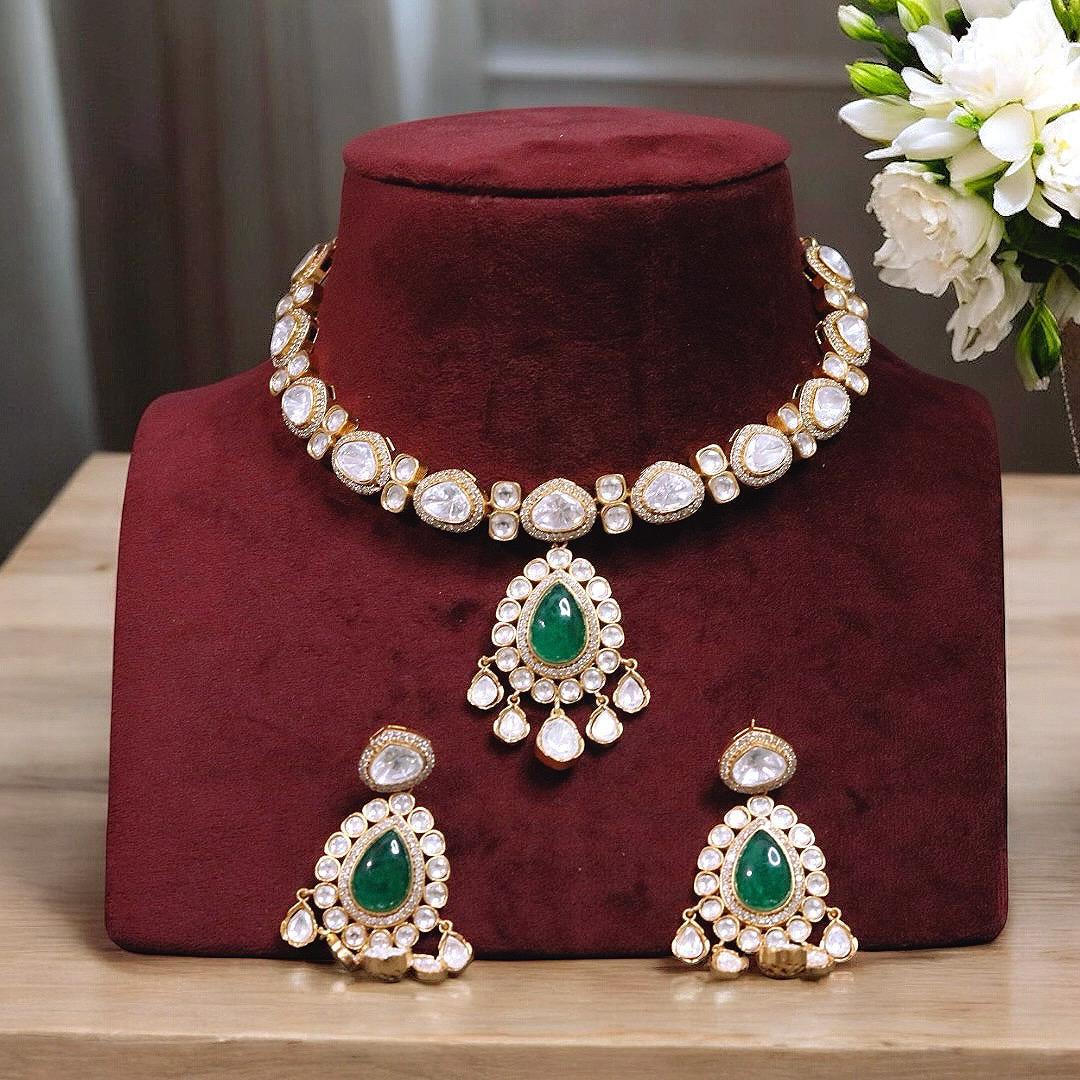 Ethnic Polki Kundan Choker Earrings Set| Kundan Jewelry | Indian Jewelry | Pakistani Necklace Set | Traditional Jewelry | Polki Necklace - Libasaa.com