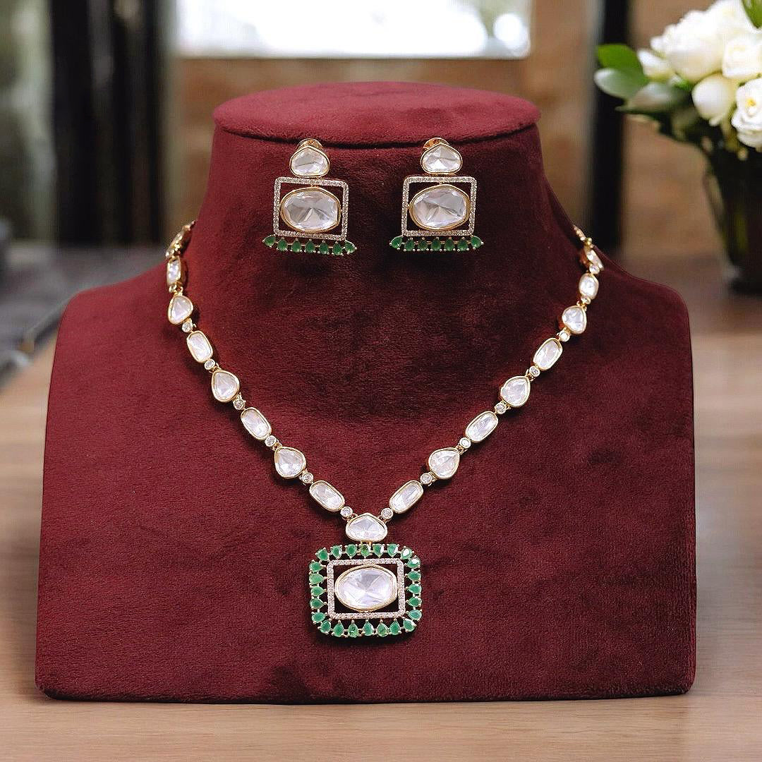 Wedding Silver Tone Green Kundan Polki Necklace Earrings Set| Kundan Jewelry | Indian Jewelry | Pakistani Necklace Set | Traditional Jewelry | Polki Necklace - Libasaa.com