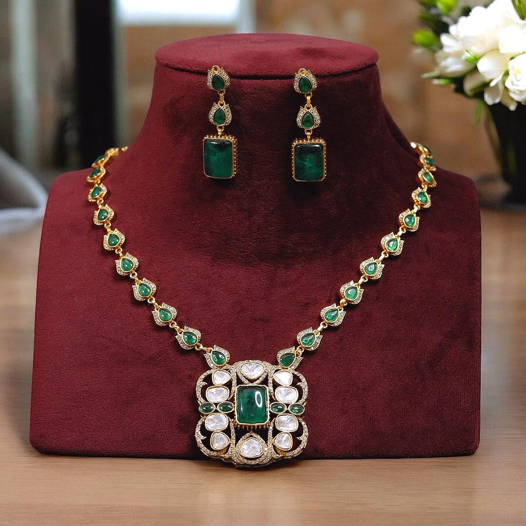 Green Lotus Design Polki Kundan Necklace Earrings Set - Libasaa.com