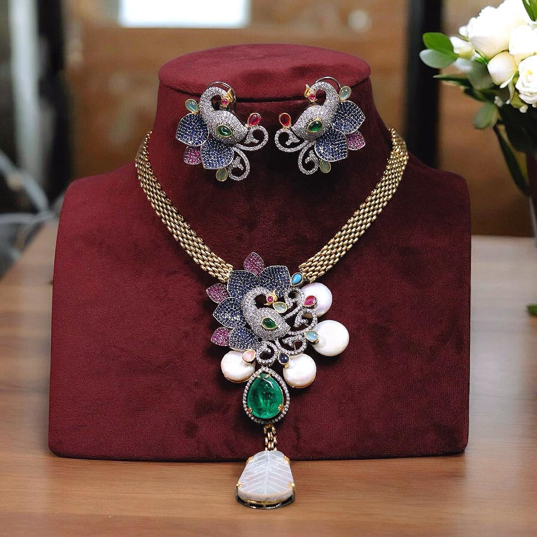 Regal Peacock-Inspired Kundan Polki Necklace & Earrings Set – A Masterpiece of Elegance & Luxury - Libasaa.com