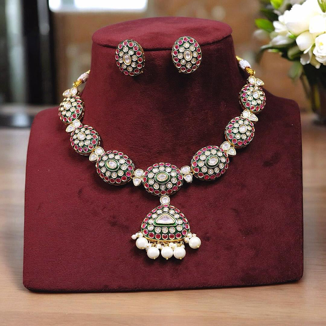 Jaipuri Multicolor Kundan Polki Choker Earrings Set For Wedding | Kundan Jewelry | Indian Jewelry | Pakistani Necklace Set | Traditional Jewelry - Libasaa.com