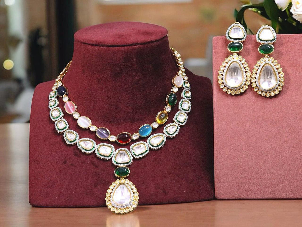 Double Layer Multicolor Kundan Polki Choker Earrings Set | Kundan Jewelry | Indian Jewelry | Pakistani Necklace Set | Traditional Jewelry | - Libasaa.com