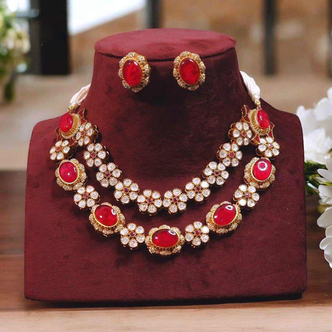Indian Red Floral Layered Kundan Choker Earrings | Kundan Jewelry | Indian Jewelry | Pakistani Necklace Set | Traditional Jewelry | Polki Necklace - Libasaa.com