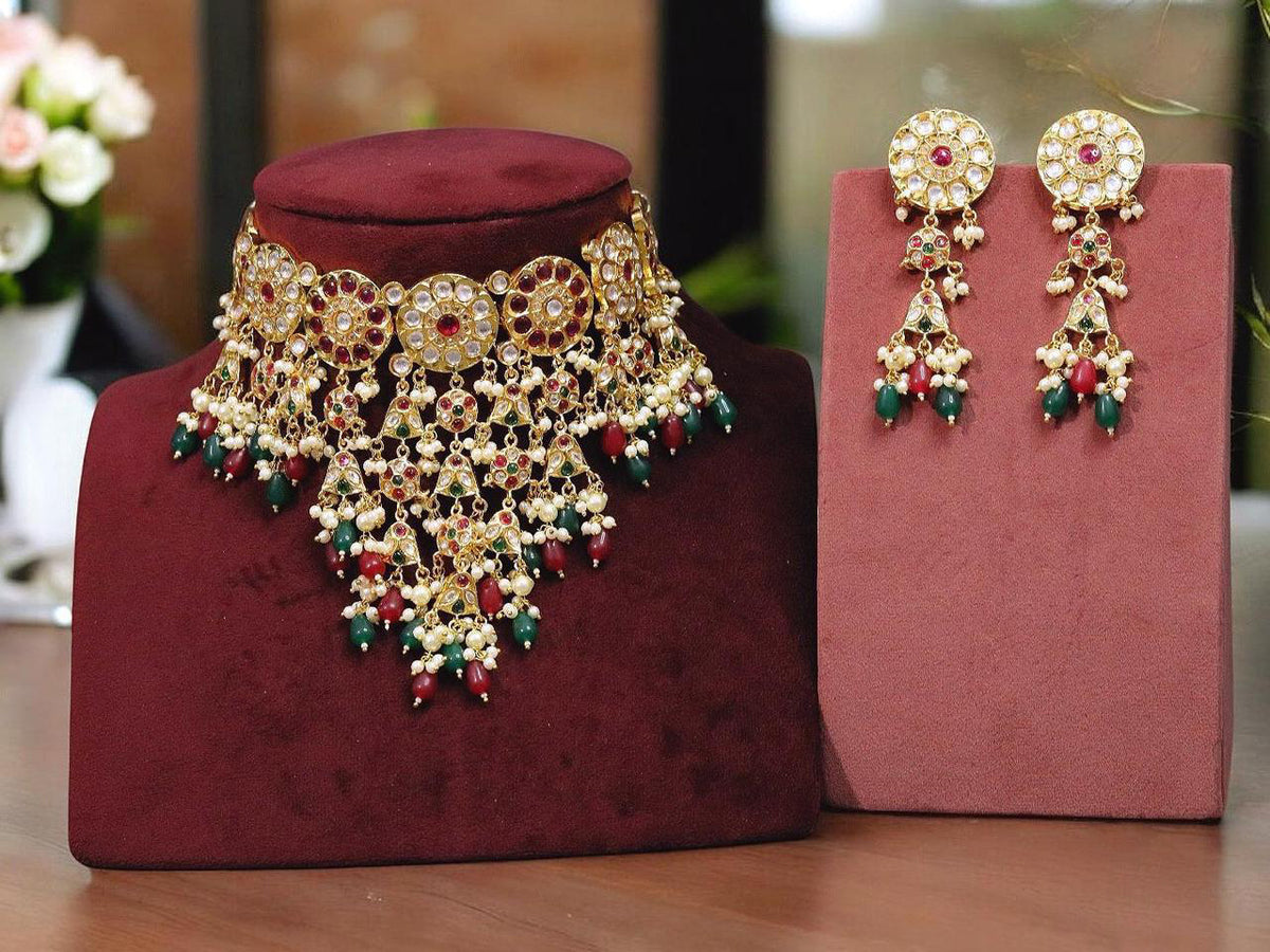 Rajasthani Multicolor Flower Design Kundan Polki Choker Earrings Set | Kundan Jewelry | Indian Jewelry | Pakistani Necklace Set | Traditional Jewelry | Polki Necklace - Libasaa.com
