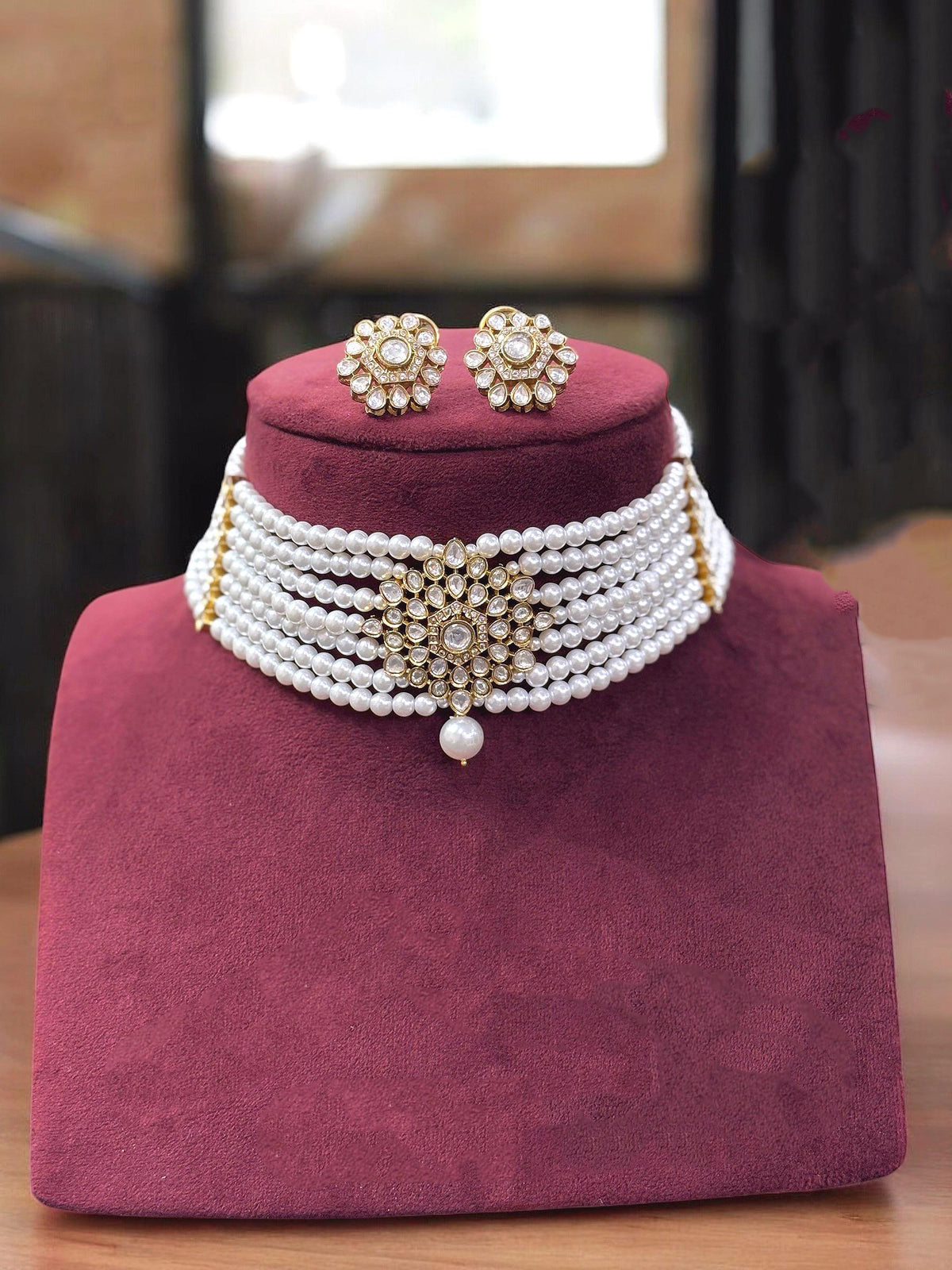 White Beaded Layered Floral Choker Earring Set For Wedding - Libasaa.com