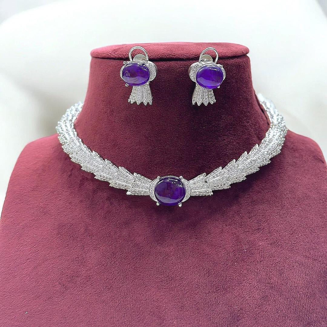 Suhana Khan Inspired Purple Silver Plated Wedding Polki Choker Earring Set - Libasaa.com