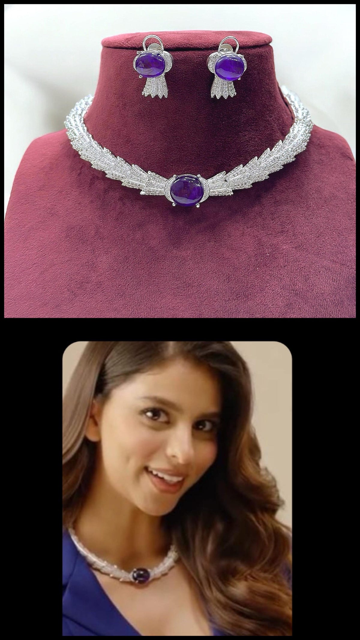 Suhana Khan Inspired Purple Silver Plated Wedding Polki Choker Earring Set - Libasaa.com