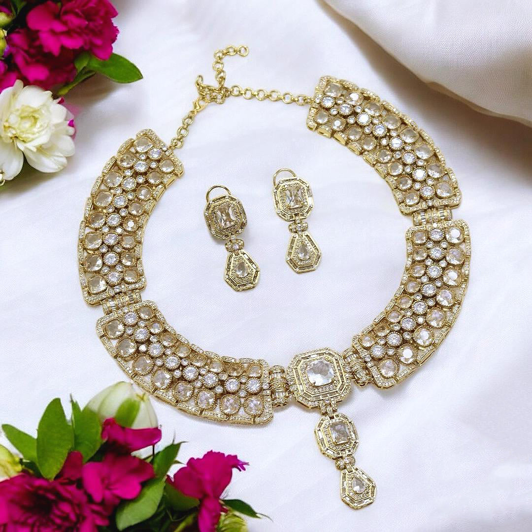 Alia Bhatt Inspired Gold Plated Bollywood Polki Choker Earring Set For Wedding - Libasaa.com
