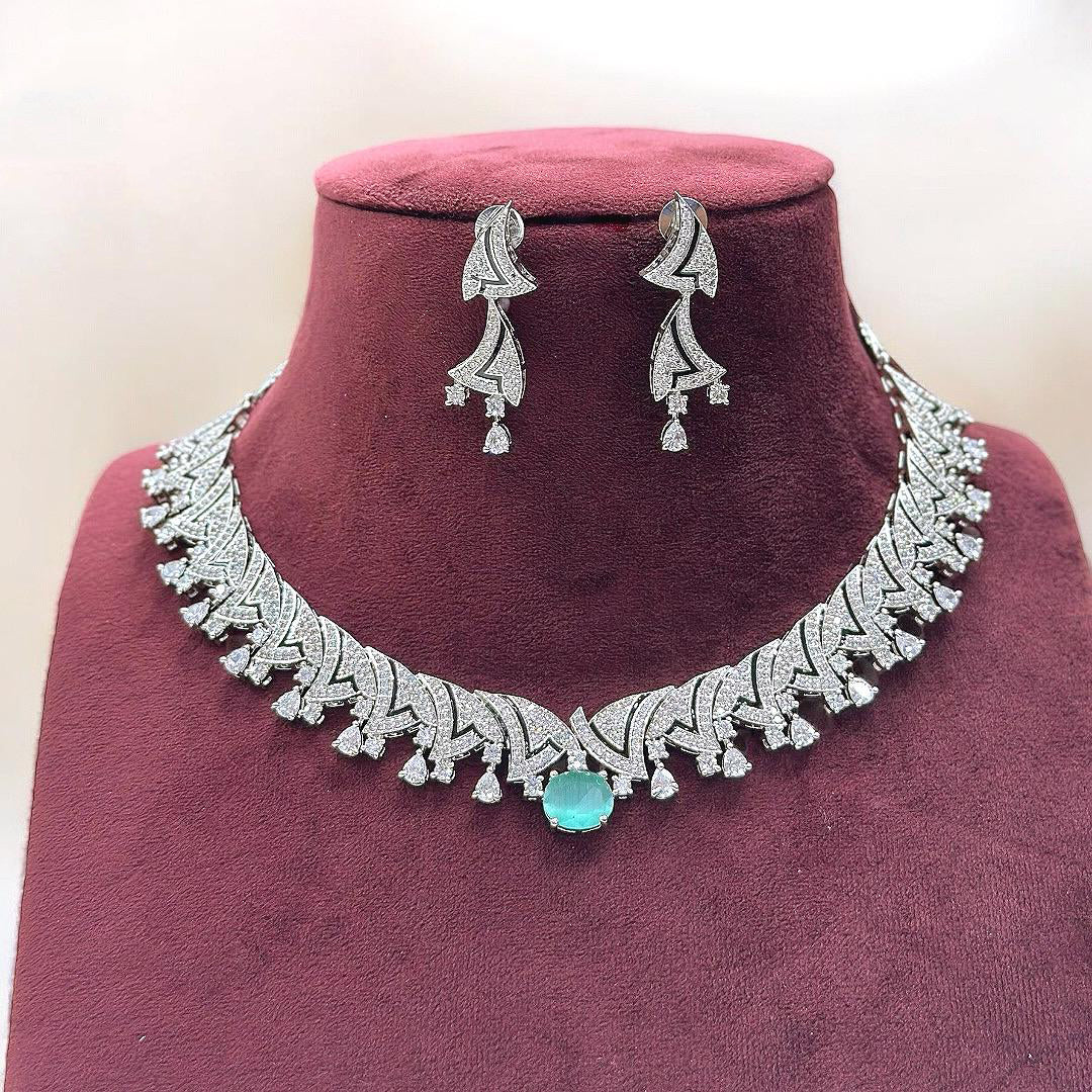 Hollywood Inspired Stylish Silver Tone Choker Earring Set For Wedding - Libasaa.com