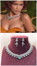 Hollywood Inspired Stylish Silver Tone Choker Earring Set For Wedding - Libasaa.com